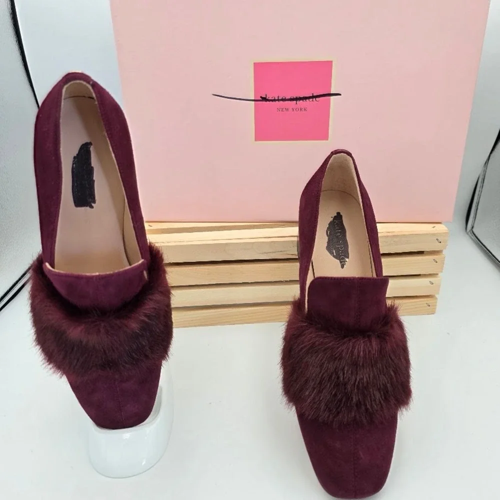 Kate Spade Gama Loafers Women 5.5 Cherrywood  Suede Faux Fur Block Heel S3150010